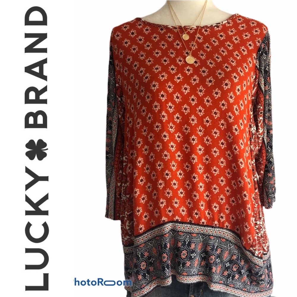 LUCKY BRAND BOHO 3/4 SLEEVE PRINT TUNIC TOP